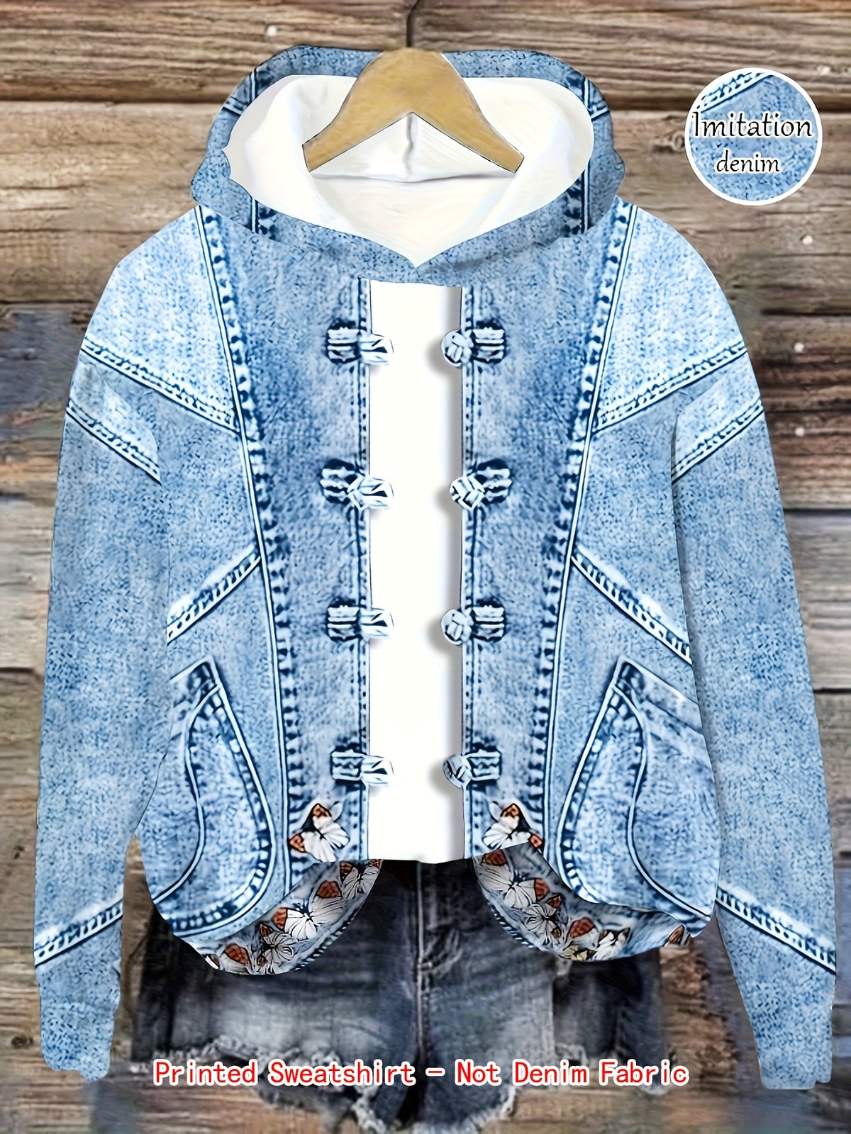 Denim Printed Hooded Sweatshirt - Blue