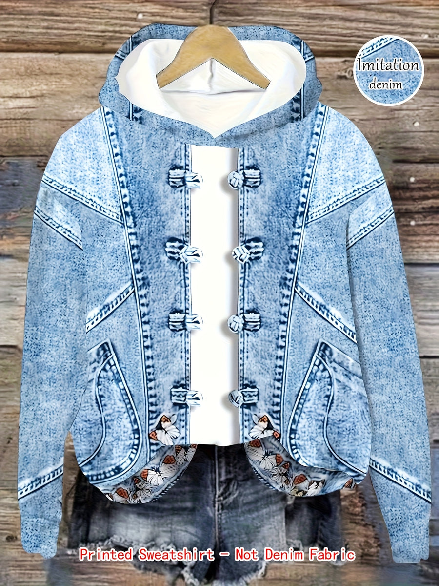 Denim Printed Hooded Sweatshirt - Blue