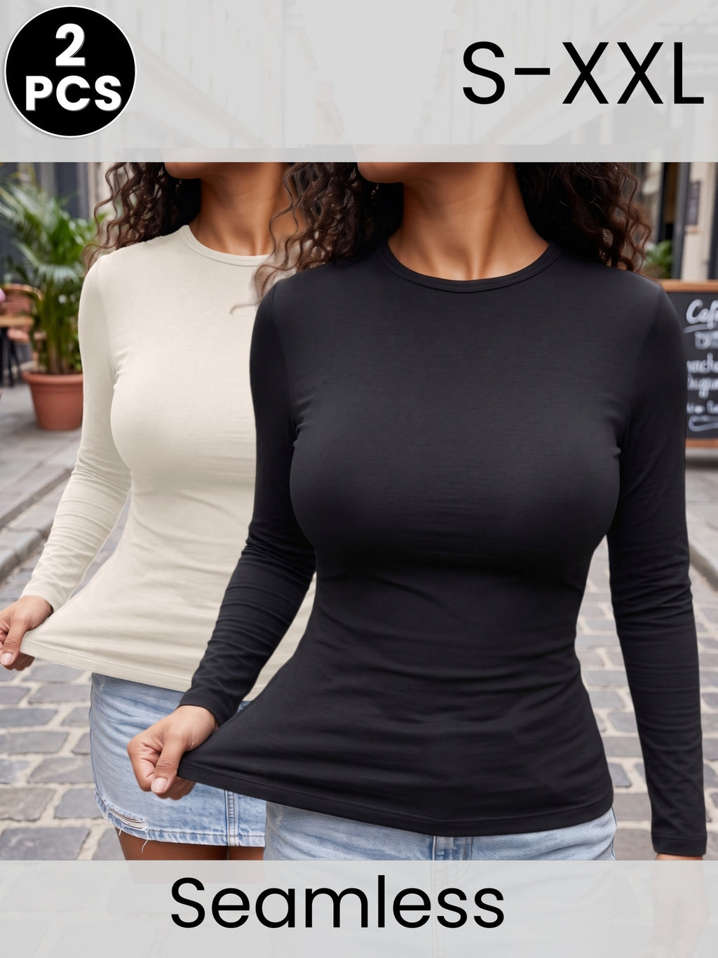 2pcs Set, Women'S Autumn Winter Lightweight Warm Long Sleeve Top, Seamless Invisible Base Layer, Breathable Comfortable Fashion Multi-Wear Home Commute Shopping, Inner Wear And Outer Wear Slim Fit Base Top, Suitable for Shopping And Dates - Black+Beige