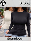 2pcs Set, Women'S Autumn Winter Lightweight Warm Long Sleeve Top, Seamless Invisible Base Layer, Breathable Comfortable Fashion Multi-Wear Home Commute Shopping, Inner Wear And Outer Wear Slim Fit Base Top, Suitable for Shopping And Dates - Black+Beige