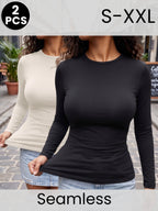 2pcs Set, Women'S Autumn Winter Lightweight Warm Long Sleeve Top, Seamless Invisible Base Layer, Breathable Comfortable Fashion Multi-Wear Home Commute Shopping, Inner Wear And Outer Wear Slim Fit Base Top, Suitable for Shopping And Dates - Black+Beige