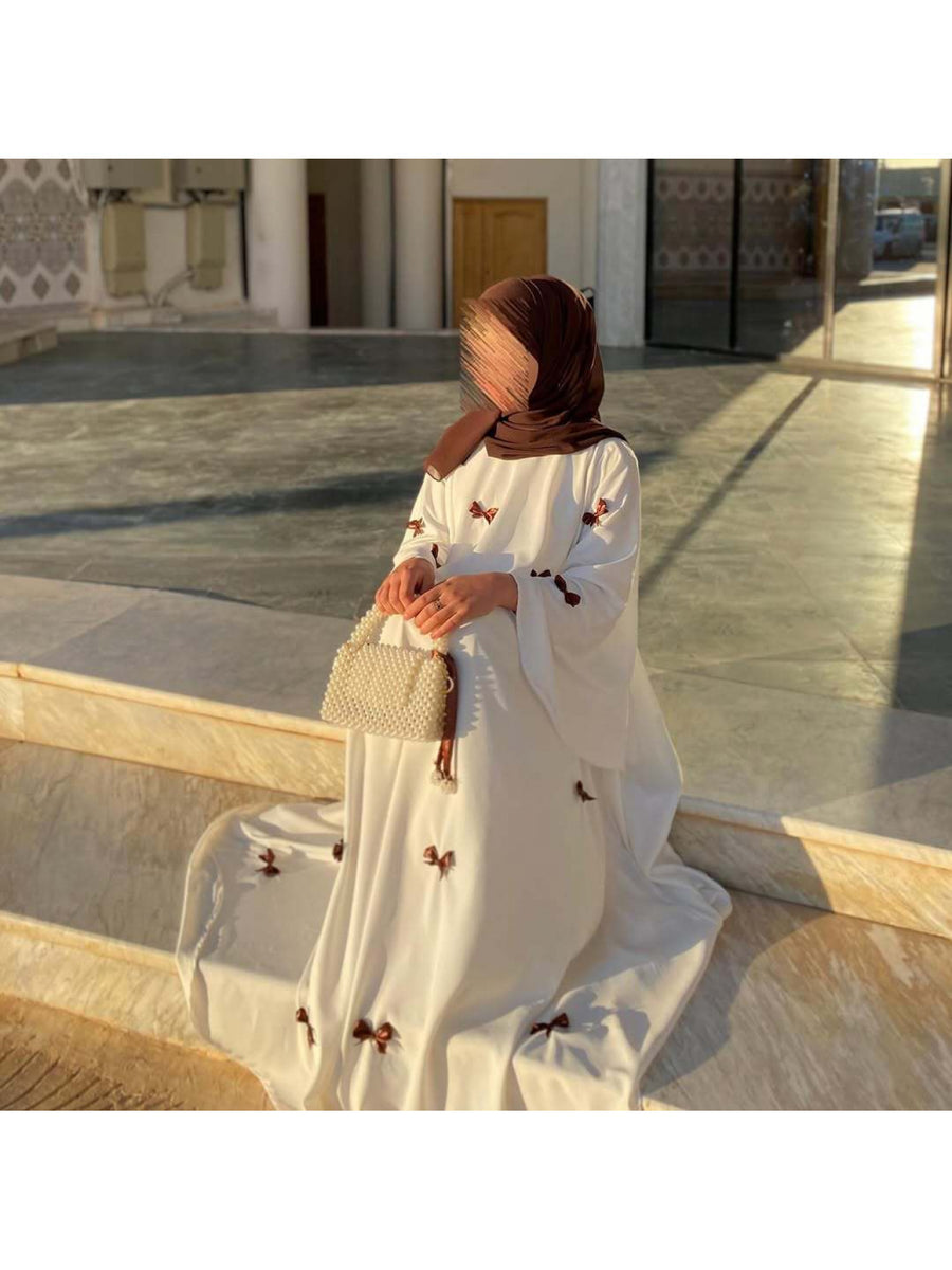 Middle Eastern Arab Women'S New Dubai Loose Trumpet Sleeve Bow Long Robe Dress - Dark Brown