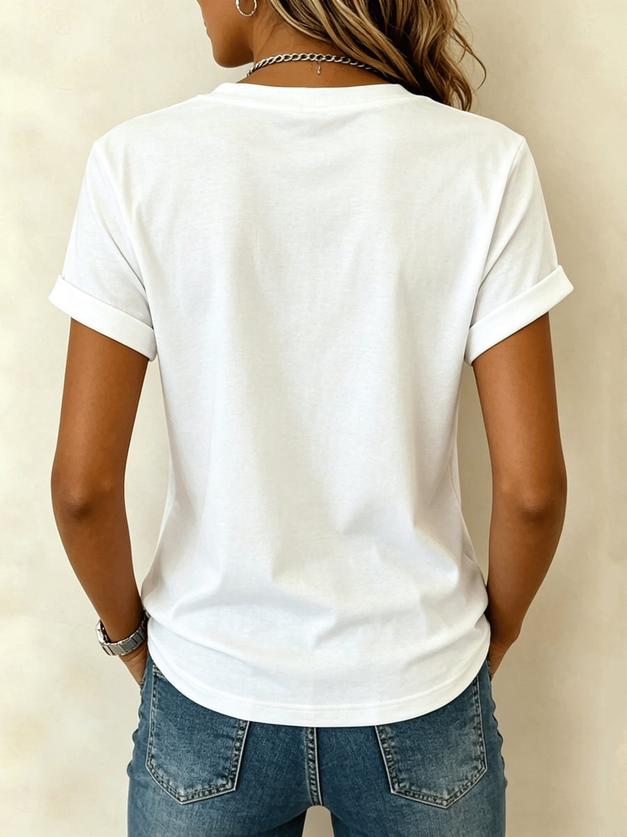 Stylish and Casual V-neck Short-sleeve T-shirt, Featuring a Galloping Horse Silhouette Print on the Left Chest, with Clean Lines Outlining the Horse's Form, Adding a Free-spirited Western Fashion Touch to the Basic Design - White