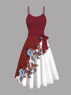Women's Suit Blue Cardigan Jacket and Flower Print Contrasting Color Suspender Dress with Lace-up 2pcs Set Temperament Daily Party Ladies' Clothing - Red