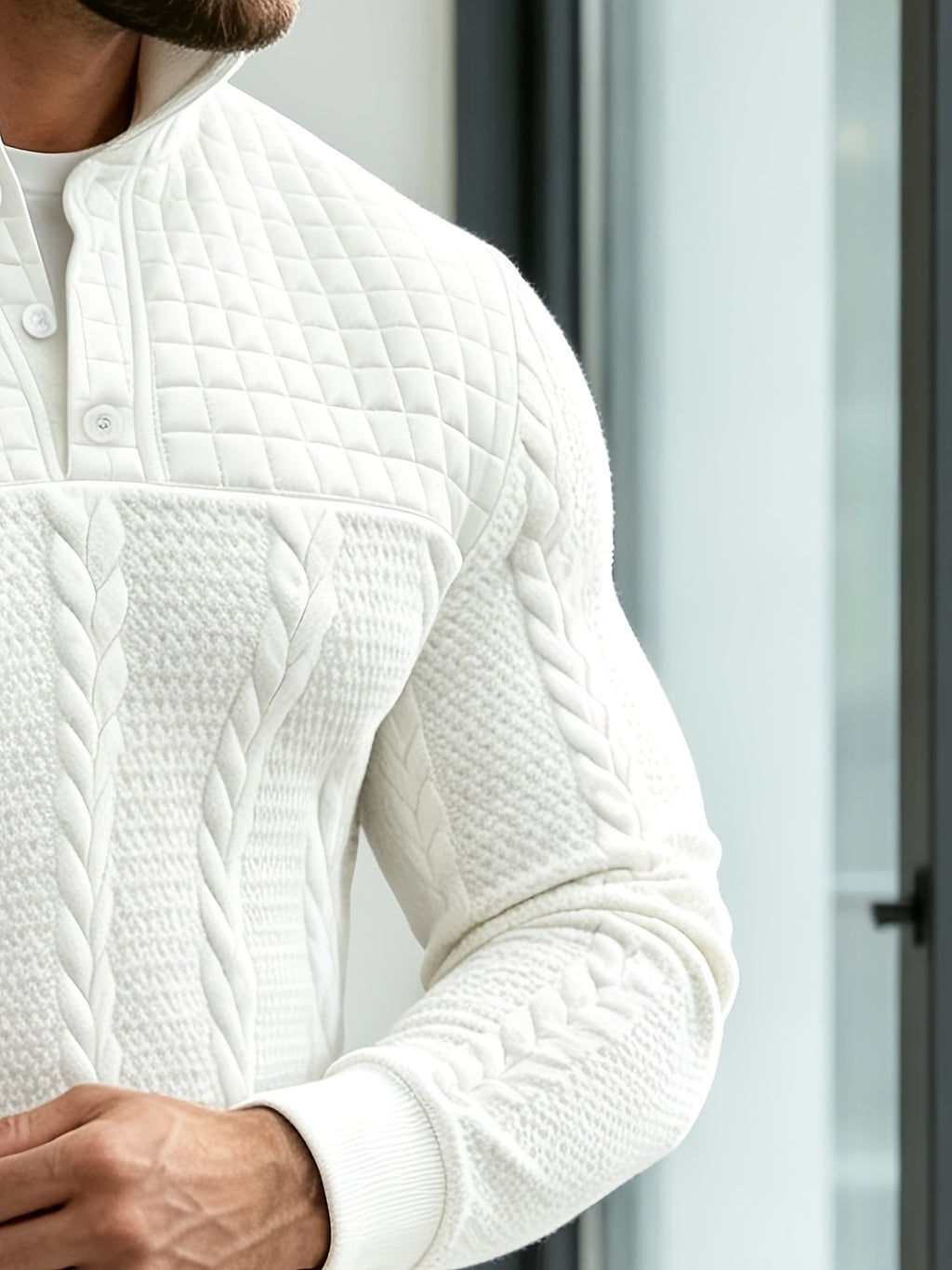 Joshmei OBM Halloween Men's Old Money Style Stand Collar Henley Shirt, Twisted Cable Knit Patchwork Checkered Long Sleeve Top, Comfortable and Warm Pullover, Suitable for Beach Vacations and Daily Wear, Men's Birthday Gift - White