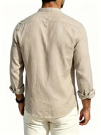 Men's Casual Stand up Collar Long Sleeved Shirt, Simple Solid Color Versatile, Suitable for Both Business and Leisure, Daily Commuting Outerwear - Khaki