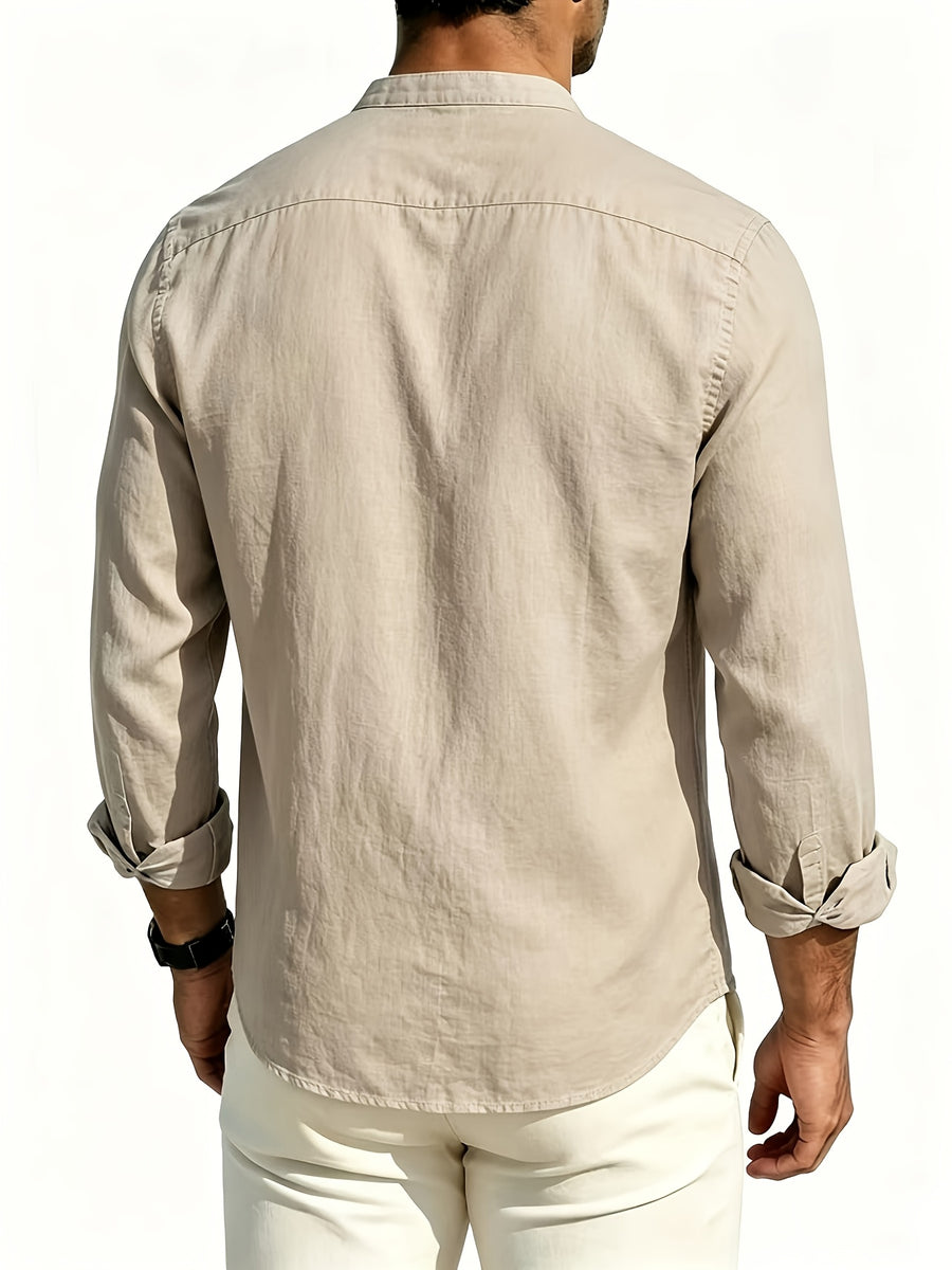 Men's Casual Stand up Collar Long Sleeved Shirt, Simple Solid Color Versatile, Suitable for Both Business and Leisure, Daily Commuting Outerwear - Khaki