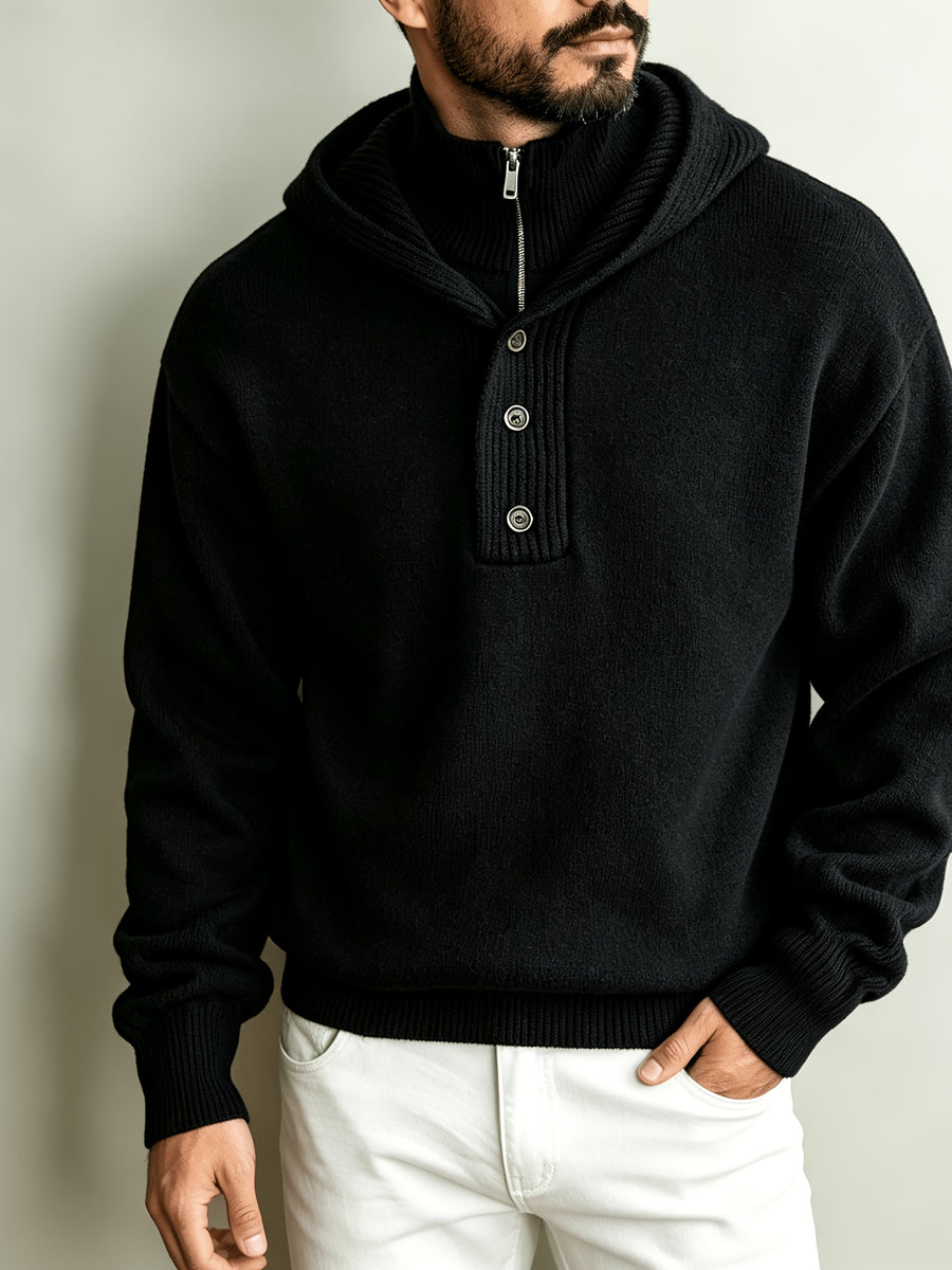 Autumn/Winter Men's 2-in-1 Look Hooded Knit Sweater, Half-Zip High Neck Design with Overlay Button Placket, Fine, Soft, and Skin-Friendly Fabric, Regular Fit for Slimming and Concealing. A Versatile Top for Casual and Daily Commutes, a Warm - Black