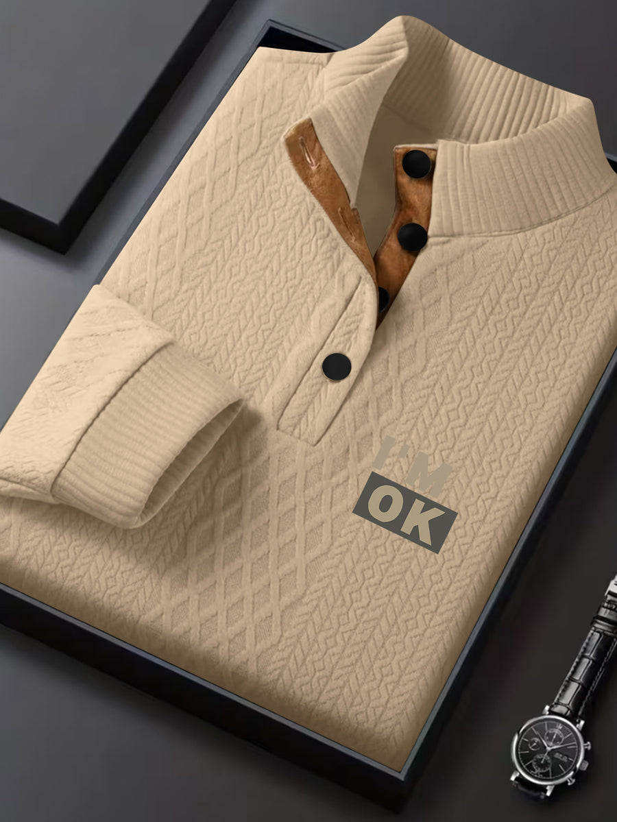 1pc Men'S Stand-Up Collar Jacquard Knit Henley Shirt, Mature Retro Mock Neck Pullover Polo, Random Texture Color-Block Neckline Jacquard Patchwork Design, Suitable for Outdoor Casual Sports Wear, Can Be Used As a Men'S Birthday Gift - Apricot