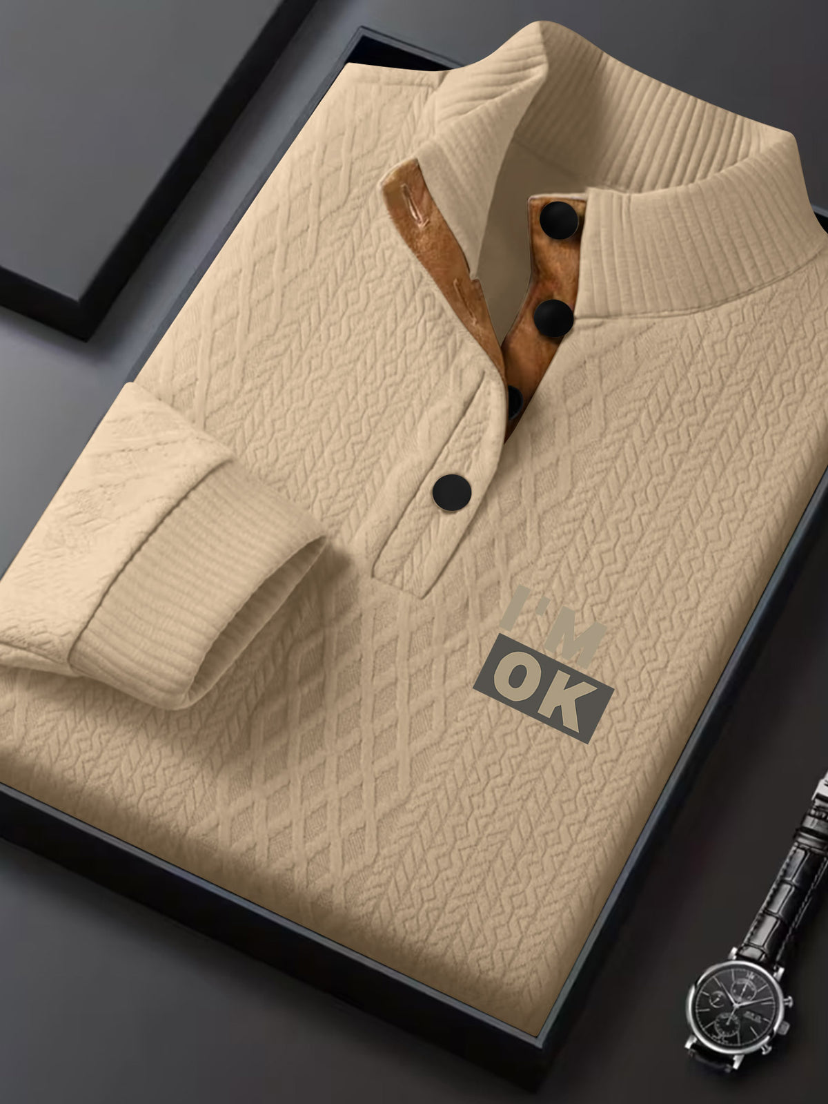 1pc Men'S Stand-Up Collar Jacquard Knit Henley Shirt, Mature Retro Mock Neck Pullover Polo, Random Texture Color-Block Neckline Jacquard Patchwork Design, Suitable for Outdoor Casual Sports Wear, Can Be Used As a Men'S Birthday Gift - Apricot