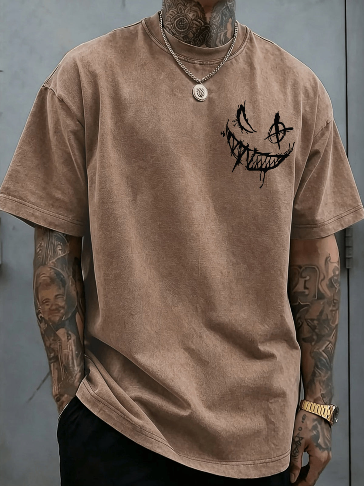 Licensed by WB Warner, Men'S Retro Old 100% Washed Crew Neck T-Shirt, DC Batman Joker Why So Serious Sketch Graffiti Design, Loose Version, Men'S Casual Versatile Loose T-Shirt, Suitable for Daily Wear Outdoor Sports - Coffee Color