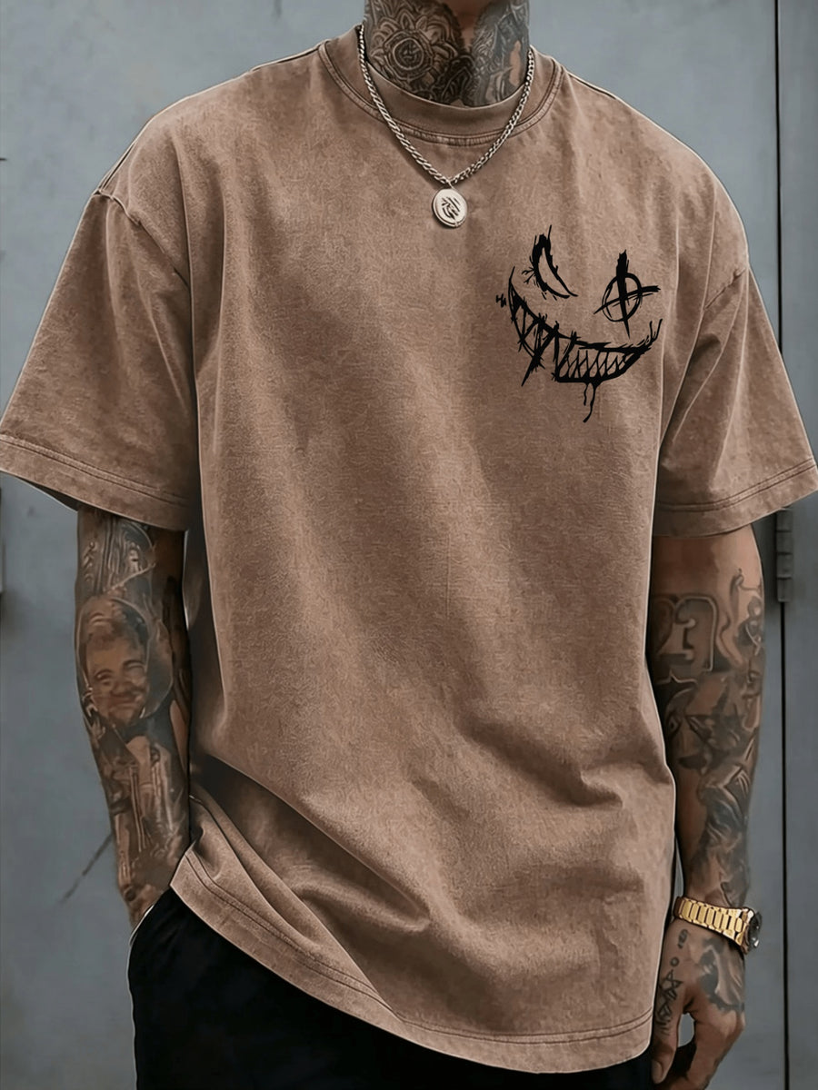 Licensed by WB Warner, Men'S Retro Old 100% Washed Crew Neck T-Shirt, DC Batman Joker Why So Serious Sketch Graffiti Design, Loose Version, Men'S Casual Versatile Loose T-Shirt, Suitable for Daily Wear Outdoor Sports - Coffee Color