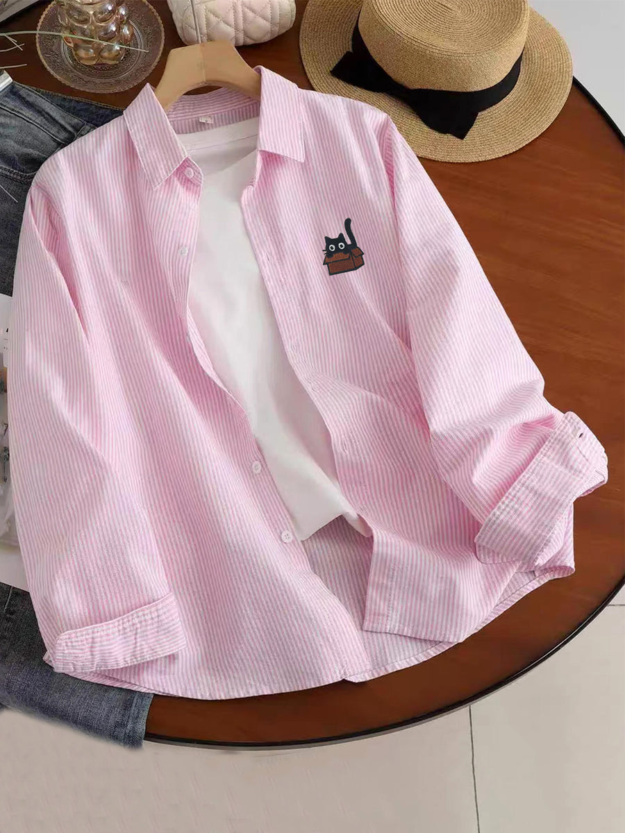 Early Spring/Autumn New Arrival Healing-Style Fashionable Niche Fun Cartoon Print Long-Sleeve Striped Loose Fit Casual Shirt - Pink