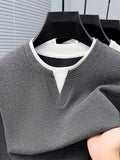 Men'S V-Neck Faux Two-Piece Long Sleeve Sweatshirt, Suitable for Commute And Casual Wear, Outerwear And Inner Wear, Regular Shoulder Long Sleeve Pullover Sweatshirt - SINBOS - heather grey