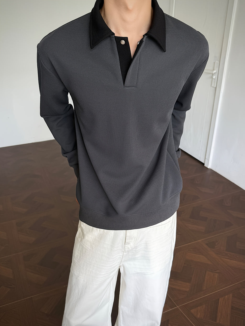 Polo Shirt, 1pc Men'S Fashion Trendy Casual Individual Color-Block Patchwork Collar Polo Shirt, Loose Fit, Comfortable Stretch Fabric, Suitable for Daily Casual Commuting Wear - Dark Gray