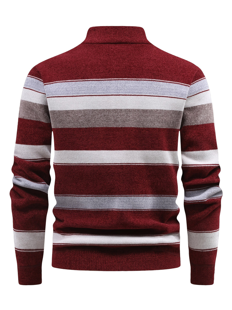 Autumn And Winter Men'S Sweater with Fleece, Half-Zipper Collar, Contrasting Color Stripes, Long-Sleeved Men'S Knit Pullover, Casual And Versatile, Warm Top Suitable for Daily Commuting, Going Out, Shopping - Deep Red