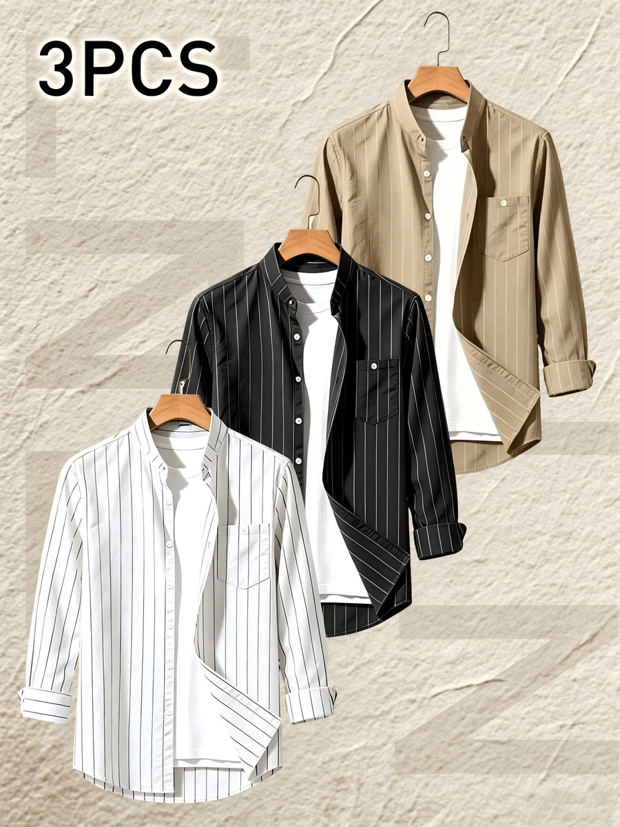 Pearson OBM 3pcs Set Men's Striped Linen Long-Sleeve Shirt; Sporty Casual Lapel Shirt with Pockets; Fashionable, Breathable, and Comfortable Fabric; Top for Beach Vacations and Outdoor Travel - White+black+khaki
