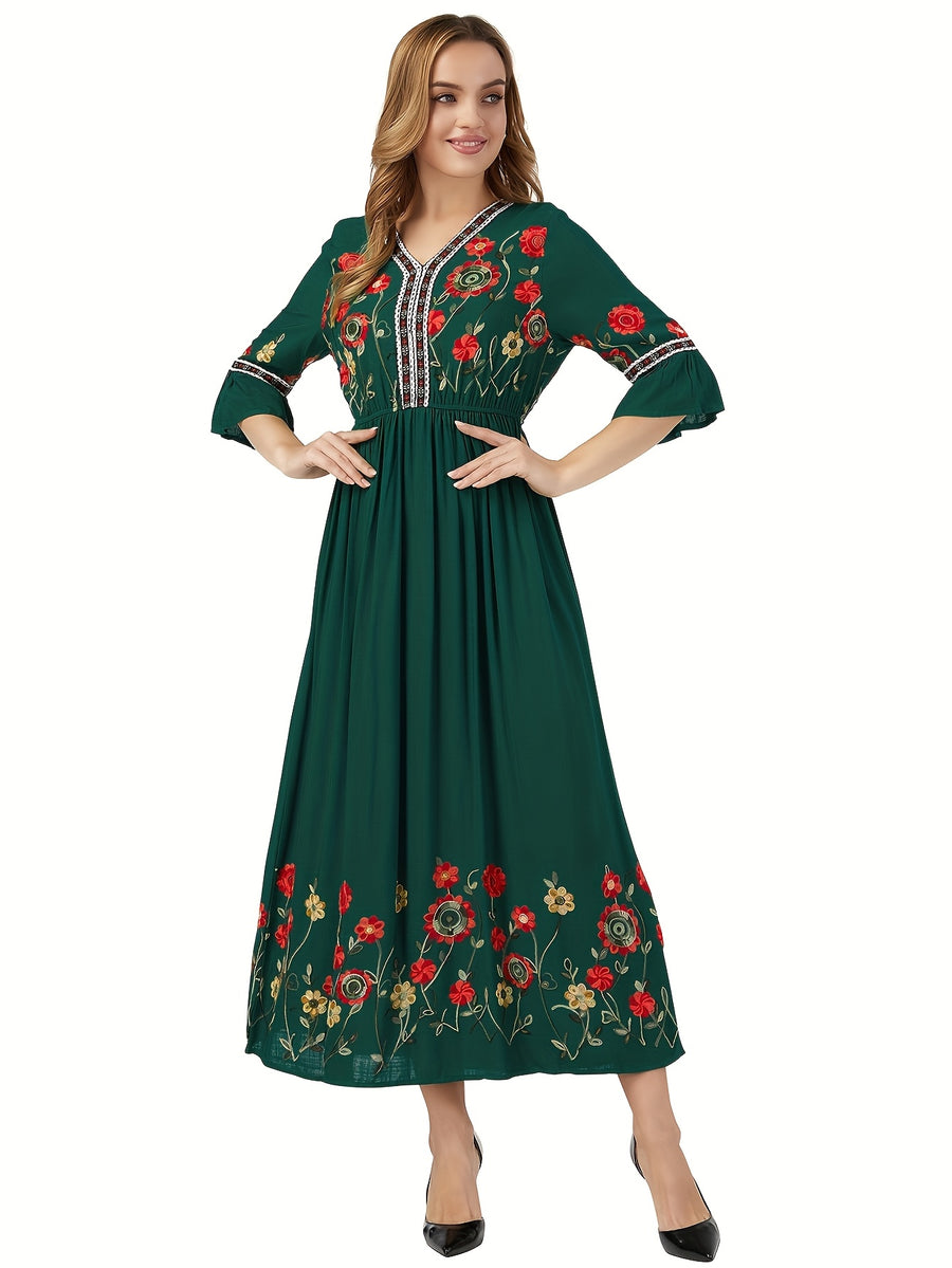 Bohemian Style Women'S Floral Embroidered Maxi Dress - V-Neck, 3/4 Sleeve, Elastic High Waist, Slight Flare Skirt, Ideal for Wedding Guests, Vacation, And Casual Wear - Dark Green
