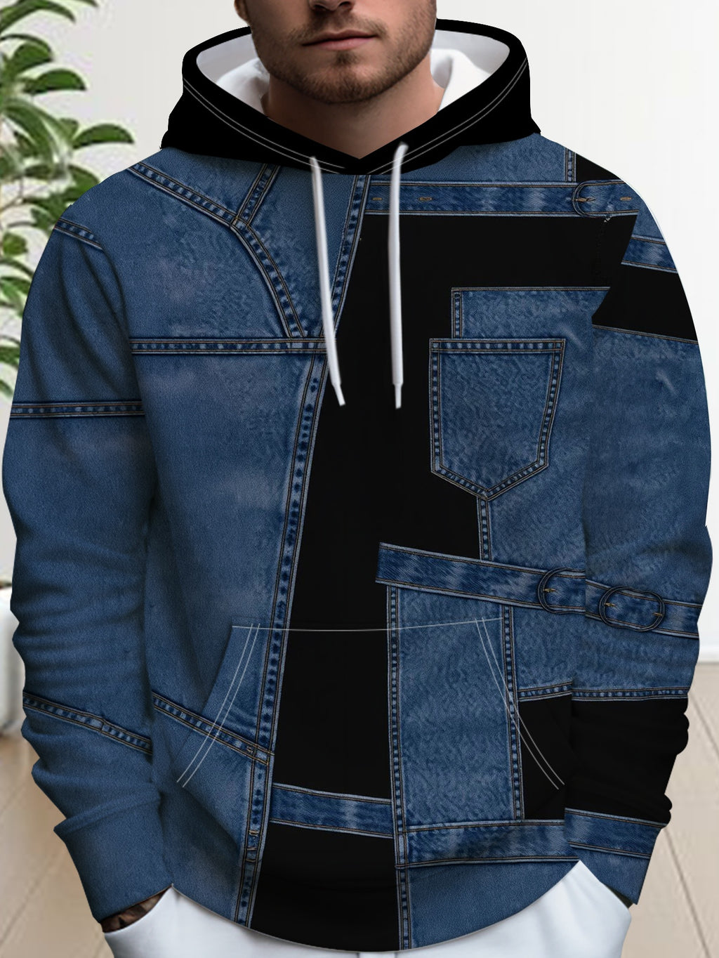 Men'S Fashion Digital Print Hoodie Trendy Patchwork Faux Denim Pattern Design Casual Versatile Pullover Autumn New Youth Handsome Top - Mixed colors