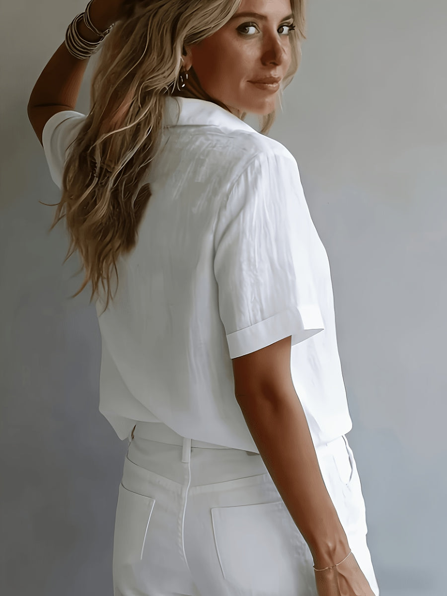 Women'S Elegant Vacation Style Short Sleeve Top, Loose Lazy Shirt, Commute Casual Literary Style, And Covering, Daily Temperament Style, Loose Drape, Breathable And Comfortable - White