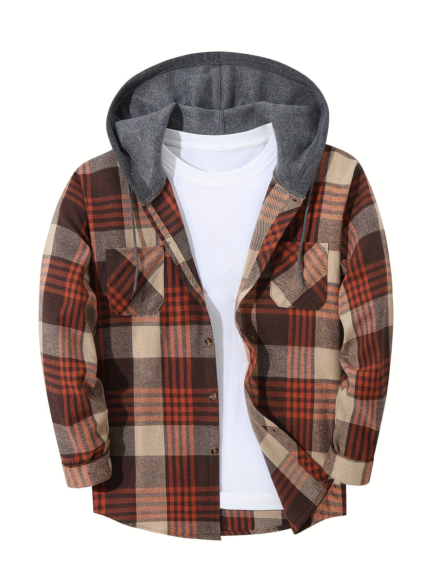 Men'S Plaid Hoodie Fashion Hoodie Fleece Shirt Price Long Sleeve Casual Button-Up Hoodie, Autumn Essentials - Khaki-orange-brown
