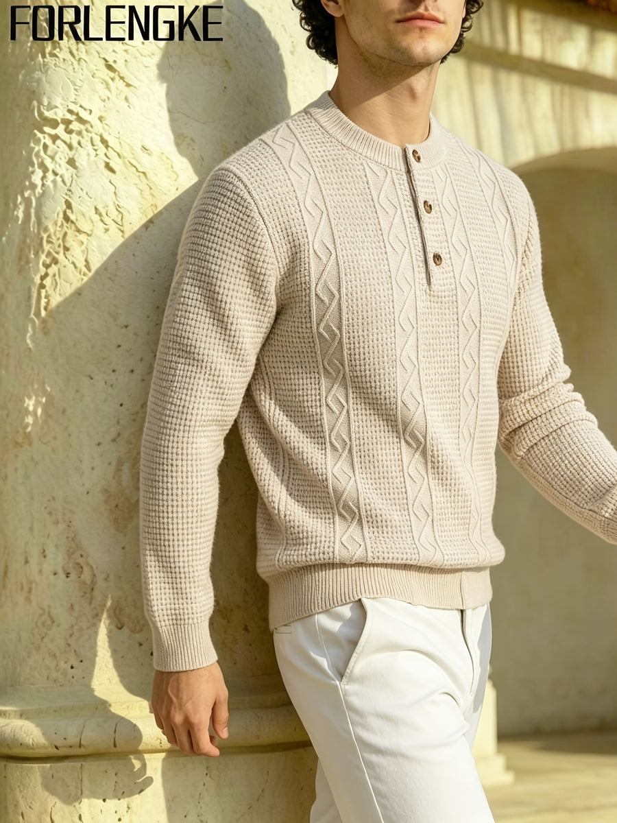 FORLENGKE Autumn/Winter New Arrival Men's American Manor Vintage Style Henley Neck Knit Sweater, Vertical Cable Waffle Knit Patchwork Texture, Regular Shoulder Fitted Cut, Autumn/Winter Manor Vacation Countryside Stroll Coffee Break Daily Streetwear - Flower Rice