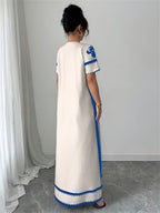Middle Eastern Ramadan Themed Elegant Spring And Summer Party Dress with a V-Neck Short Sleeves And Paisley Print - Blue