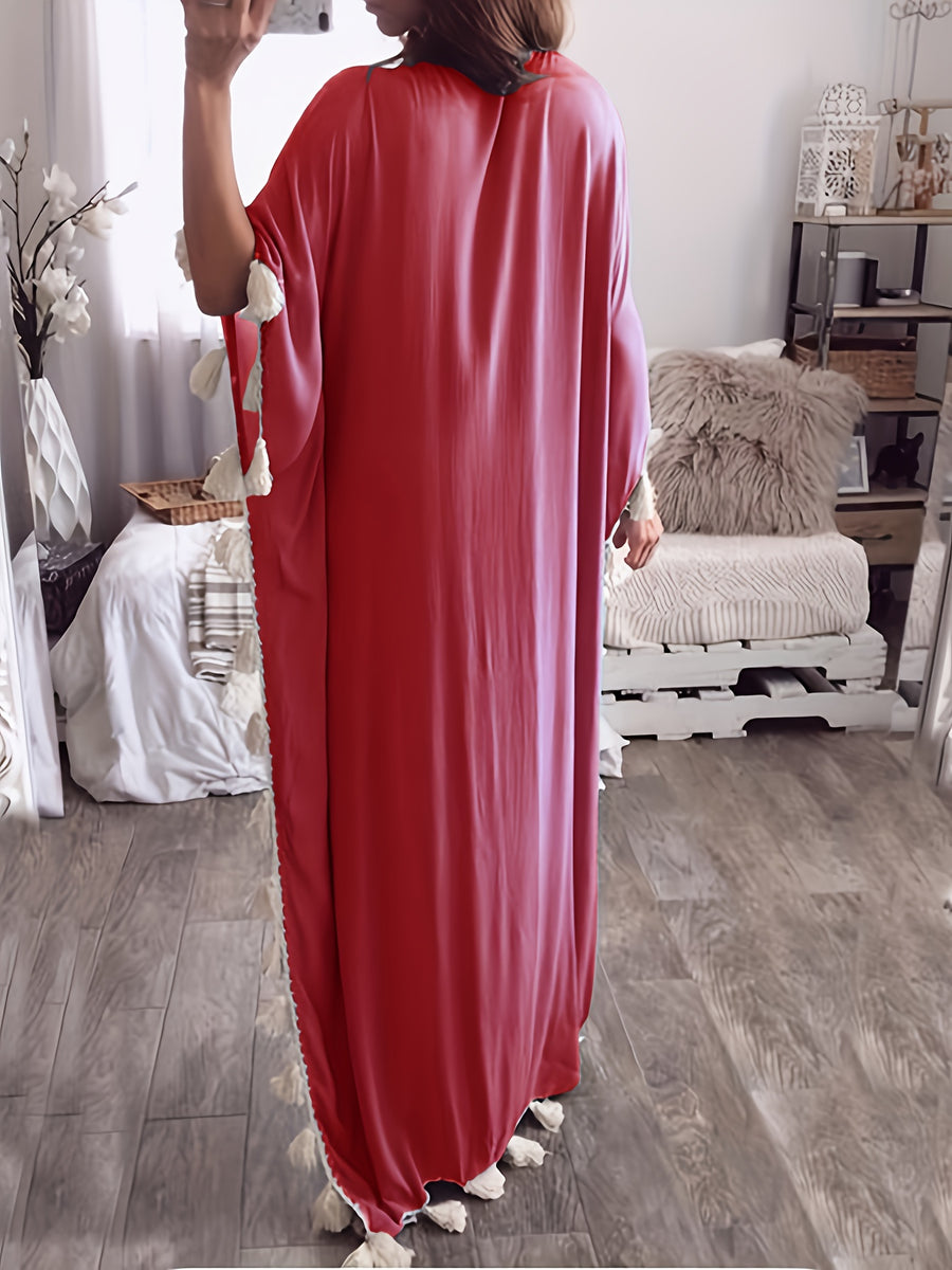Women'S Middle Eastern Robe, V-Neck Cover-Up Tassel Patchwork Dress - Burgundy