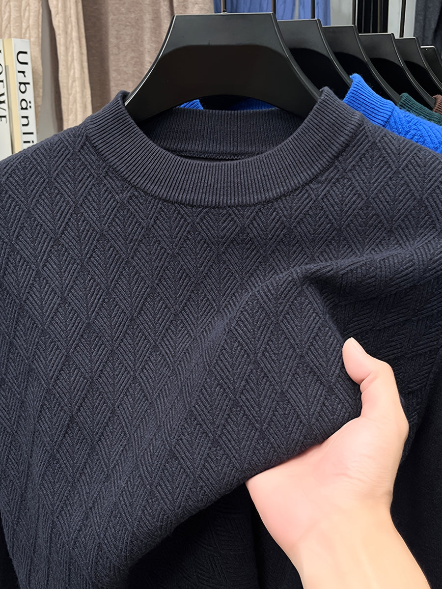 Autumn/Winter Men's Slim Fit Half-Turtleneck Diamond Pattern Solid Color Knit Pullover Base Layer, Simple and Warm - Navy Color