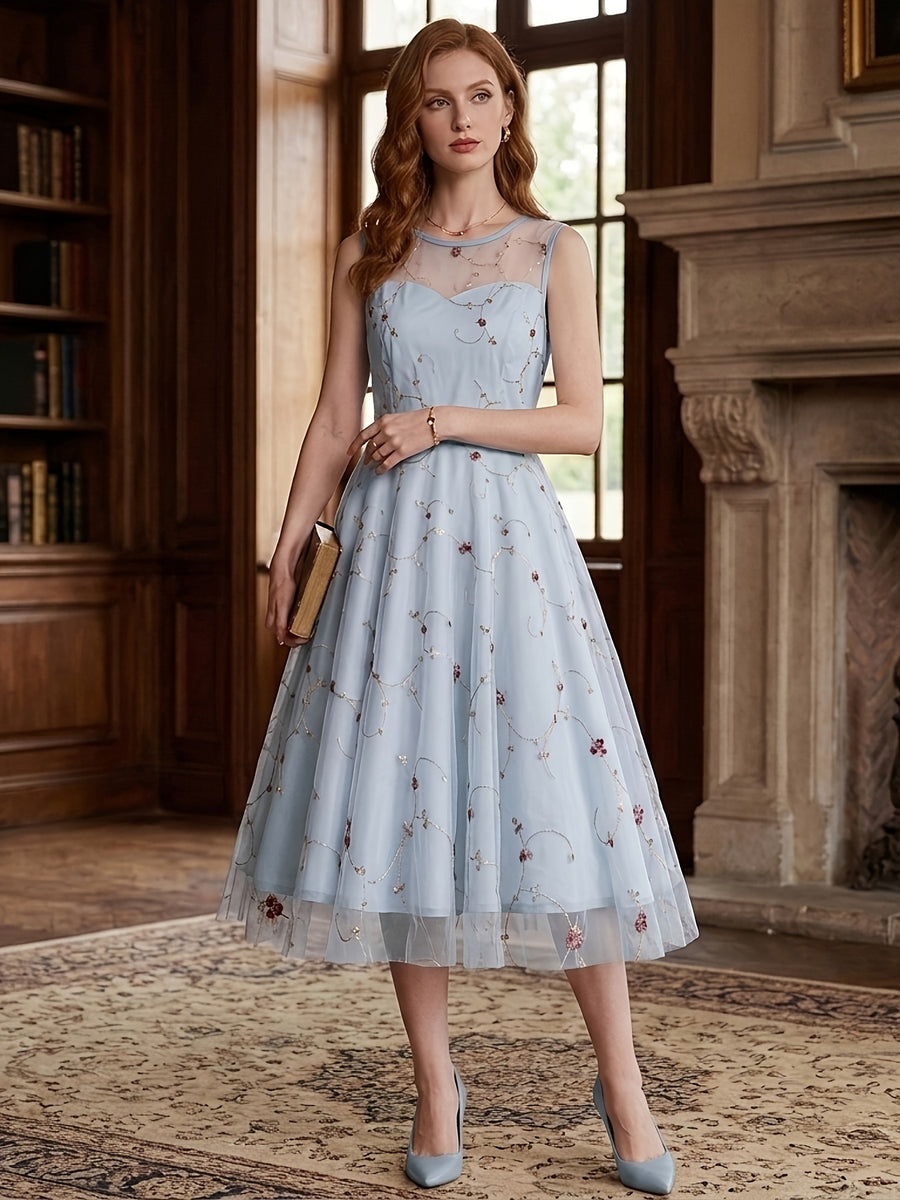 Women's Round Neck Sleeveless Mesh Embroidered Dress for Vacation, Elegant Gatherings, Parties, Floral Wedding Season, Back-to- Season, and Dates - Light Blue