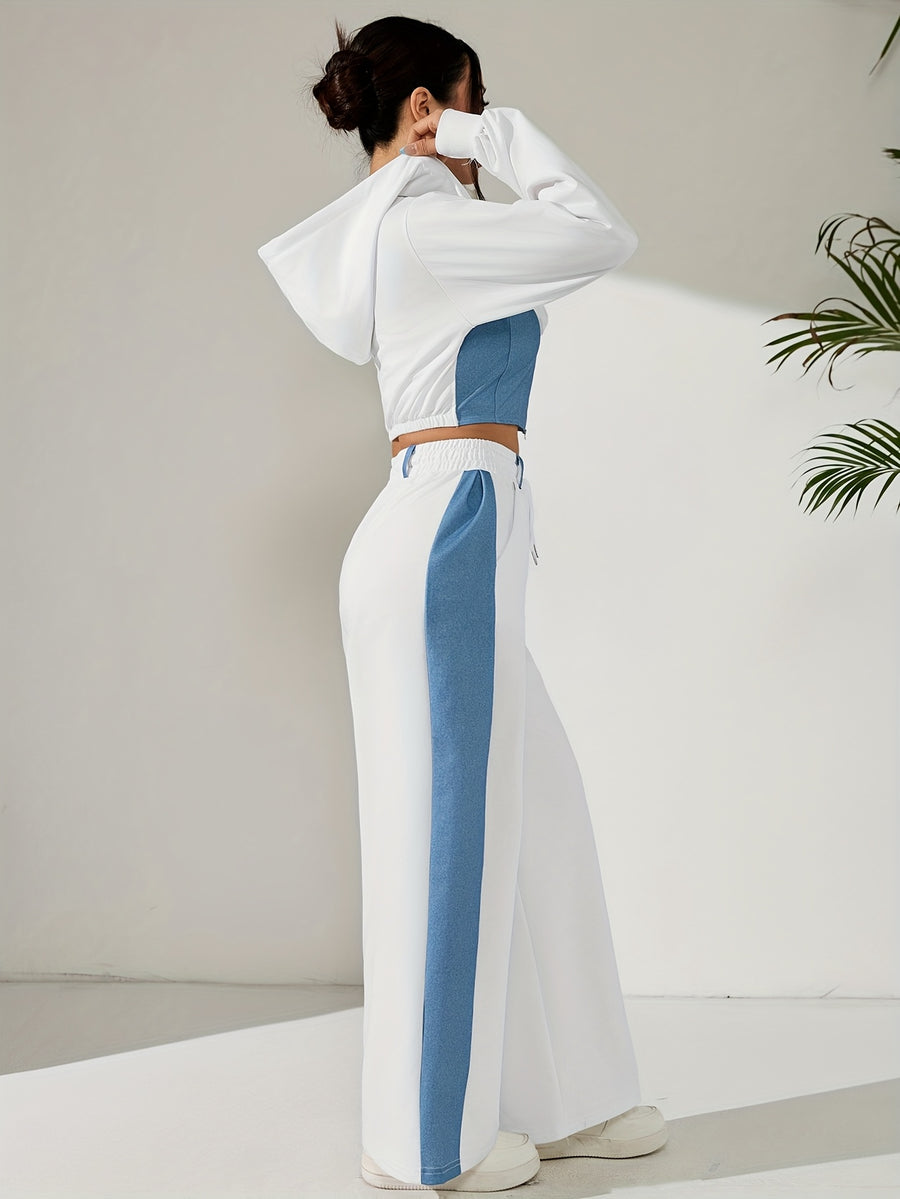 Women'S Suit Spring Long Sleeve Hooded Short Top And Long Pants Ladies Contrast Patchwork Elegant Two-Piece Set Autumn Casual Wear - White