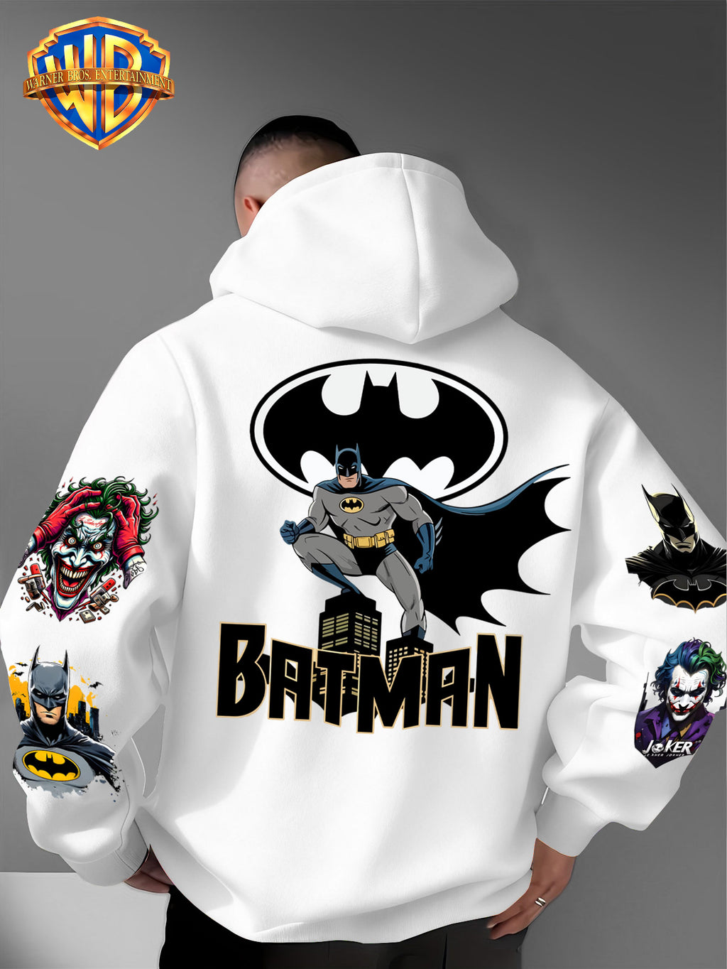 DC Batman Joker IP Official Hooded Sweatshirt with Gotham Crouching Batman on the Back + Bat Logo Themed Print, Drawstring Loose Hoodie, Wear-Resistant and Wash-Resistant Autumn/Winter Trendy Top - White