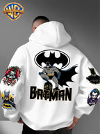 DC Batman Joker IP Official Hooded Sweatshirt with Gotham Crouching Batman on the Back + Bat Logo Themed Print, Drawstring Loose Hoodie, Wear-Resistant and Wash-Resistant Autumn/Winter Trendy Top - White