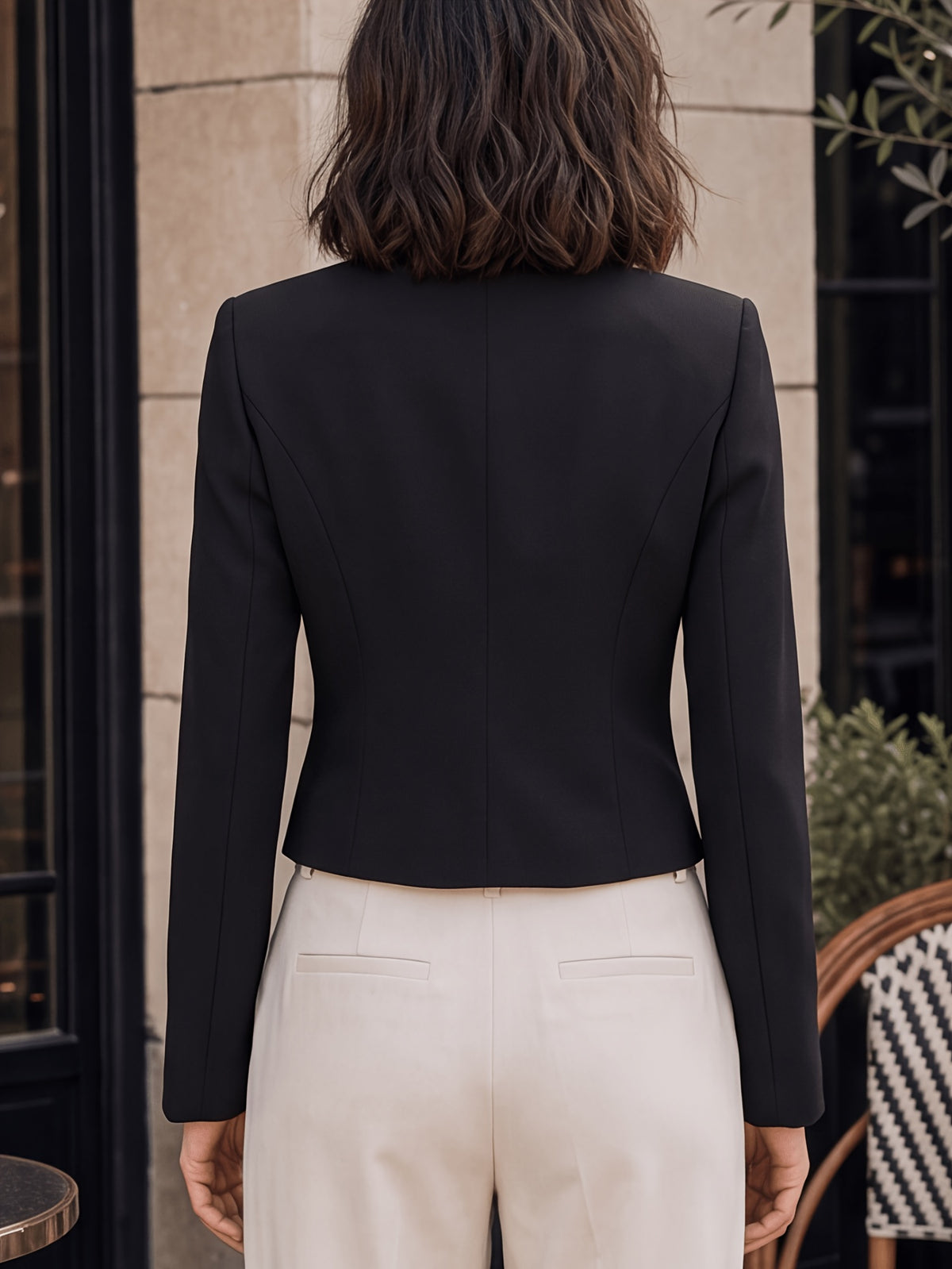 New Style Stand-Up Collar Irregular Slanted Lapel Suit, Solid Color Long Sleeve Cropped Waist-Defined Blazer with Lining - Black
