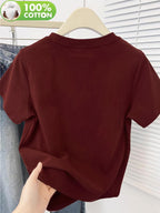 100% Women's T-Shirt, Summer Short Sleeve Lightweight Top, Trendy and Fashionable Standard Fit, Loose, Breathable, Versatile,, Fresh Little Daisy Pattern with Flying Bird Element, Simple and Artistic Design - Burgundy