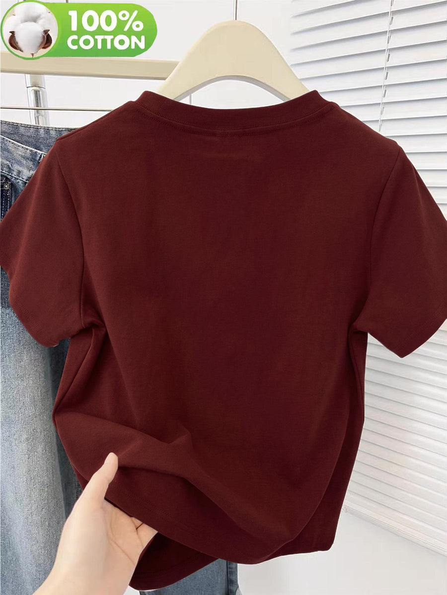 100% Women's T-Shirt, Summer Short Sleeve Lightweight Top, Trendy and Fashionable Standard Fit, Loose, Breathable, Versatile,, Fresh Little Daisy Pattern with Flying Bird Element, Simple and Artistic Design - Burgundy