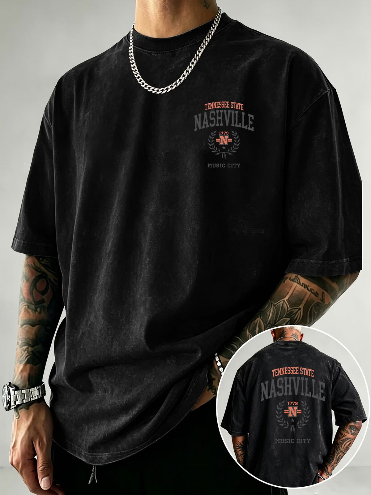 NASHVILLE Music City Text Print Men'S Vintage Washed Loose Short Sleeve T-Shirt - Black