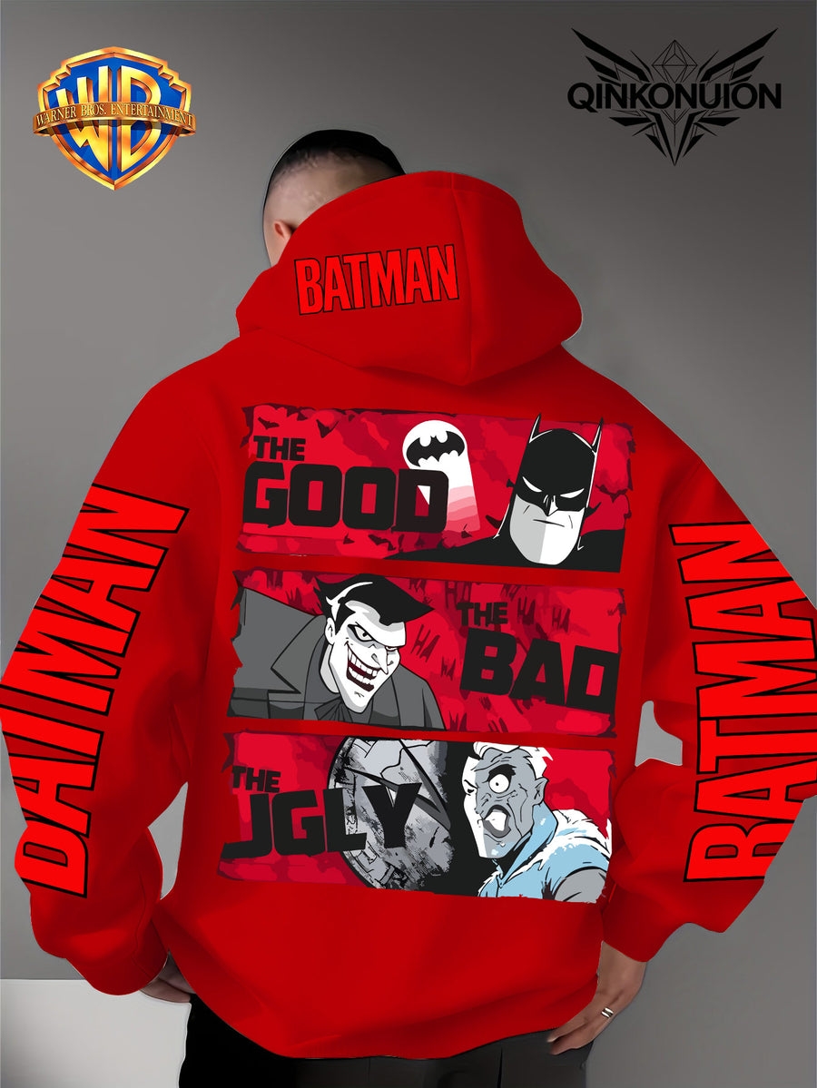 Warner Official Men's Hoodie, Red Bottom Three Grid Comic Batman Joker  Character Print Design, Machine Washable, Warm and Casual for Autumn and Winter, Daily Drawstring Hoodie, Multi Functional Sports and Leisure Loose Version - Red