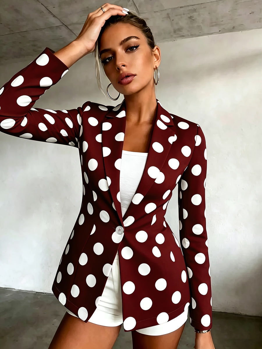 Women's Polka Dot Pattern Button-Up Long Sleeve Blazer, Women's Top, Suitable for Spring, Summer, Autumn, A Must-Have Item for All Seasons, Machine Washable, for Office Commuting and Casual Outings - Deep Red
