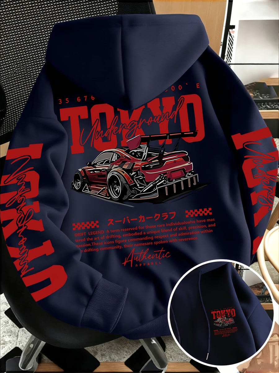 New Autumn/Winter Men's Tokyo Underground Racing Print Hooded Sweatshirt, American Street Style Motorcycle Top - Deep Blue