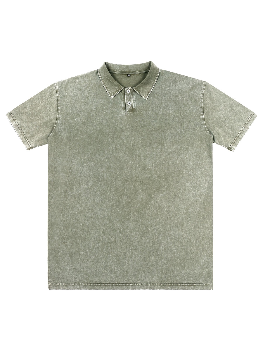 New American Hip-Hop Punk Style Washed Black Short Sleeve Lapel Loose Polo T-Shirt for Men And Women - Retro Distressed Design, Lightweight And Breathable Fabric, Streetwear Trendy Loose Polo Top, Suitable for Casual Wear And Outdoor Activities - fern green