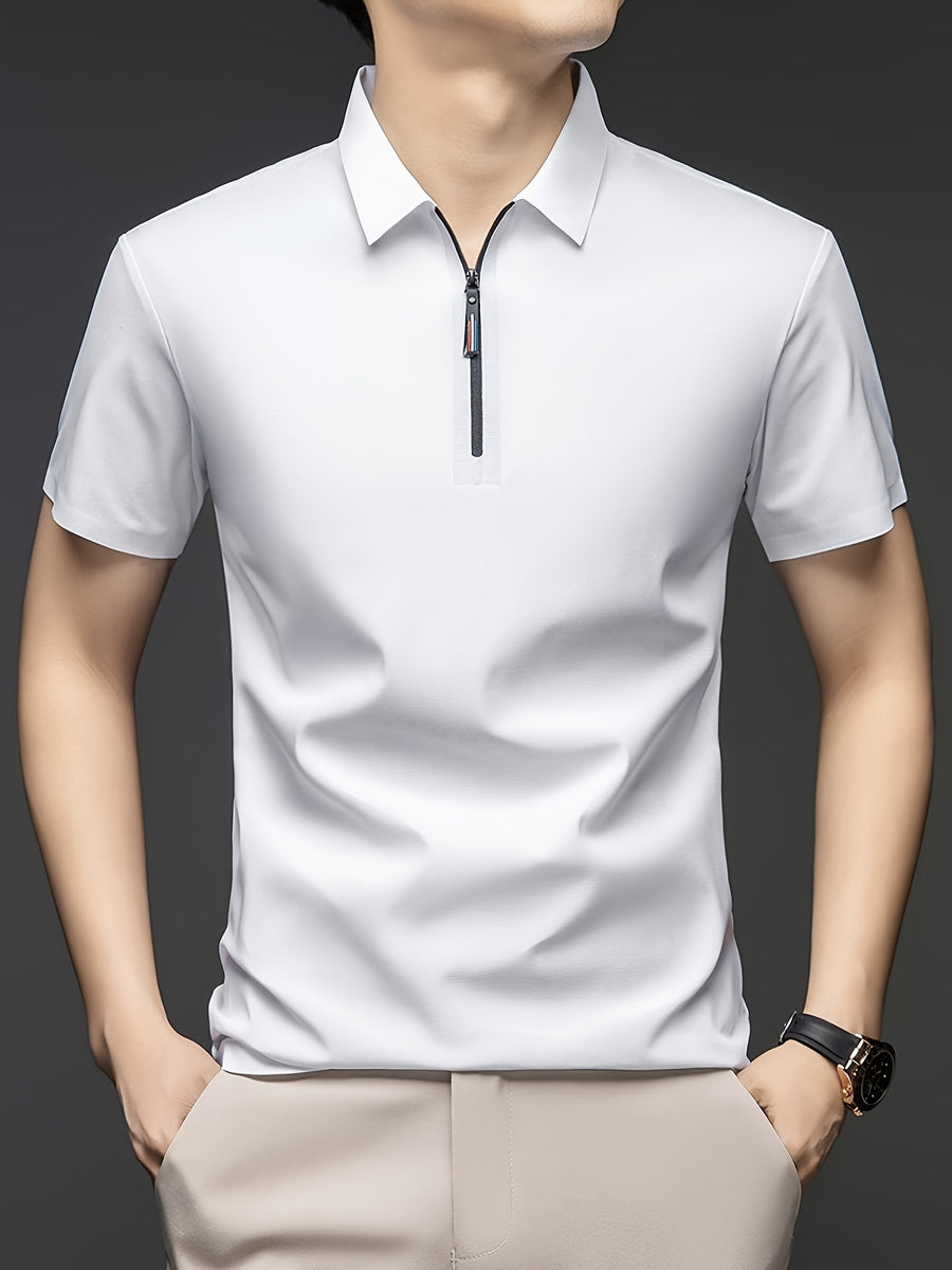 Men's Summer Short-Sleeve Half-Zip Lapel Polo Shirt - Solid Color T-Shirt Suitable for Casual & -Casual Wear, Breathable Half-Zip Collar, Short Sleeve Lapel Collar, Hand Washable Solid Color Polo Tee for Office or Everyday Outfits - White