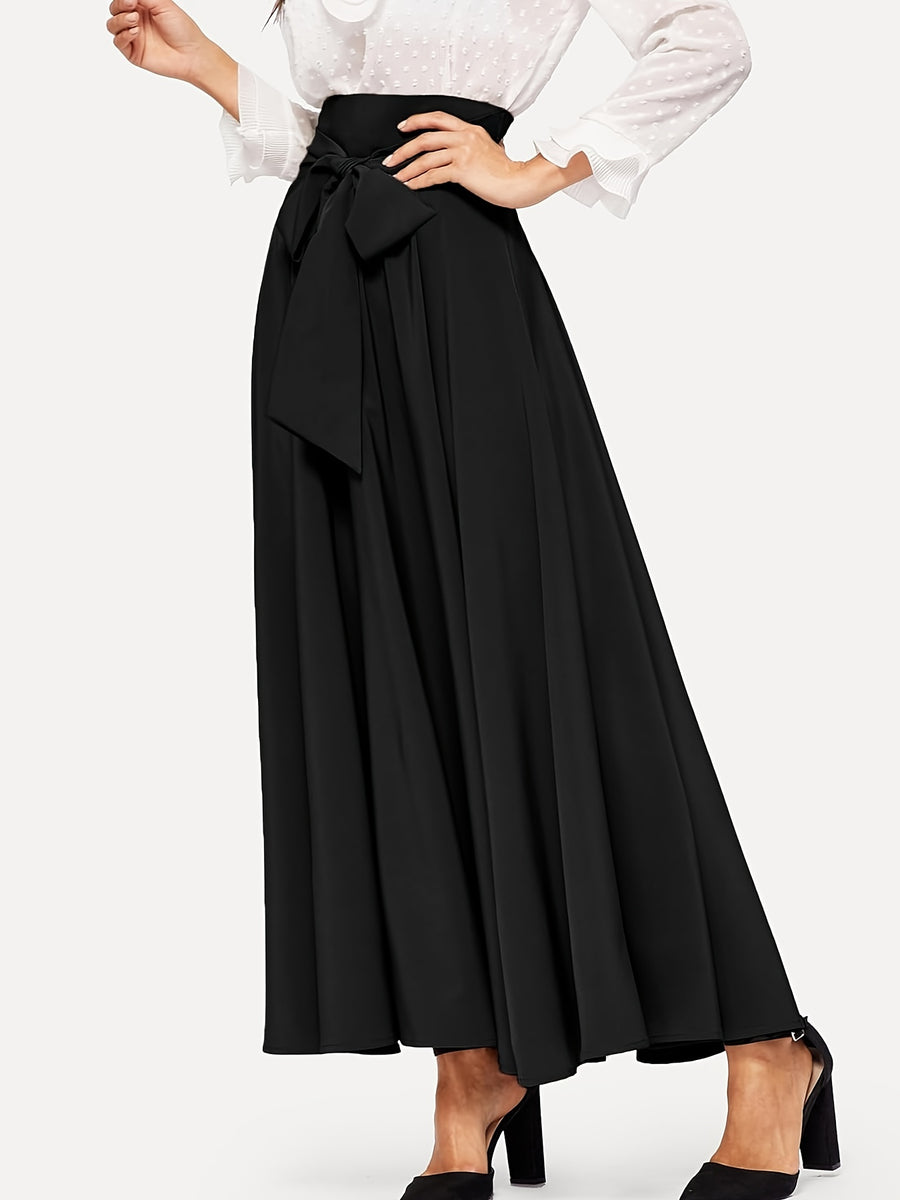 Women'S High-Waisted Midi Skirt, Fashionable And, with Belt, Large Swing, Spring And Summer Mid-Length Vacation Long Skirt - Black