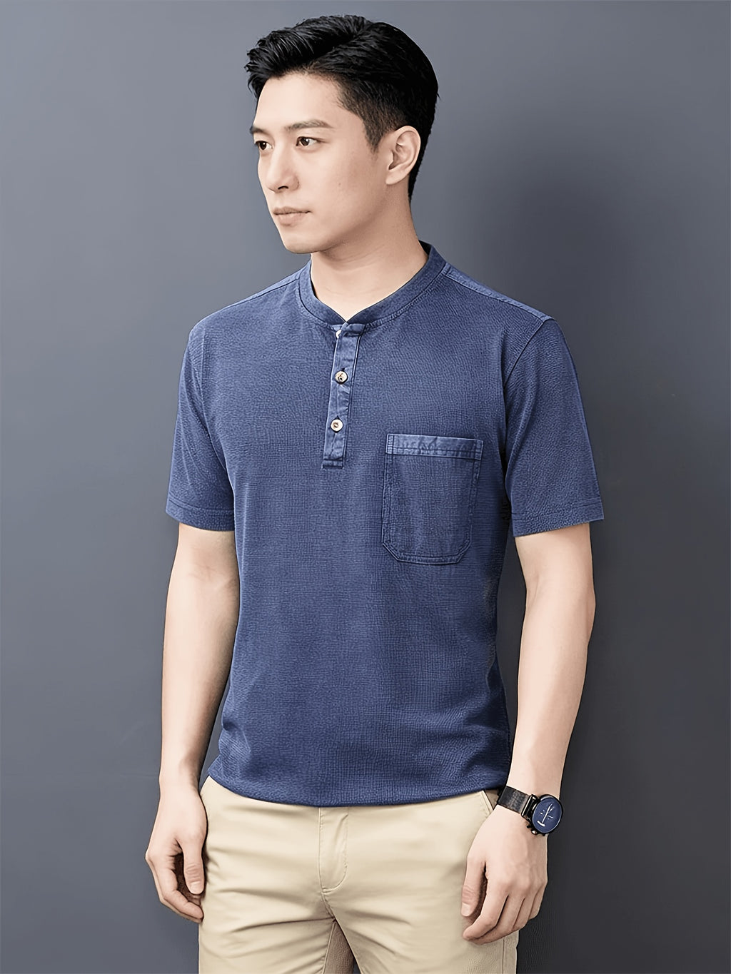 Middle-aged Men's Washed Distressed Vintage T-shirt, Shirt, Henley Collar Top, Solid Color Casual Top - Blue