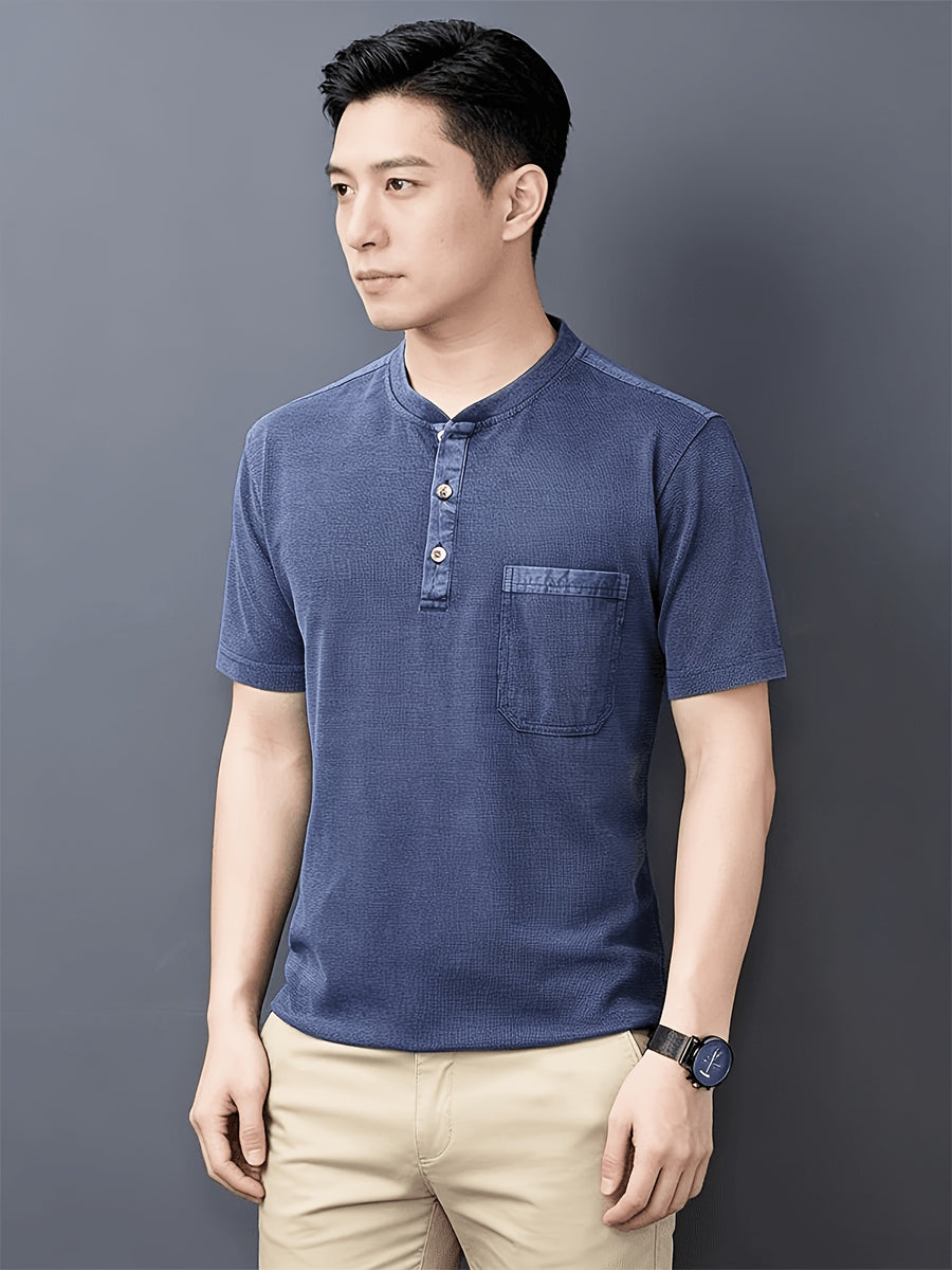 Middle-aged Men's Washed Distressed Vintage T-shirt, Shirt, Henley Collar Top, Solid Color Casual Top - Blue