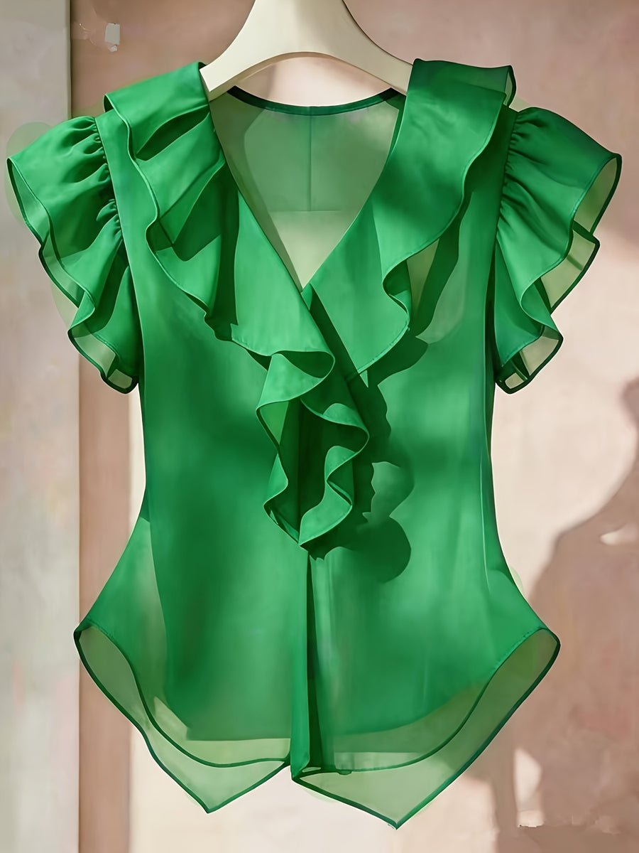 Summer French Solid Ruffled Fly Short Sleeve Shirt Chiffon Top Women'S - Green