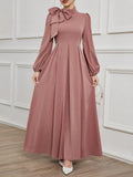 Retro Stand-Up Collar Puff Sleeve Midi Dress with Satin Bow Decoration, Slim Fit Trumpet Gown, Suitable for Banquets, Wedding Guests And Formal Dinners - Rose Brown