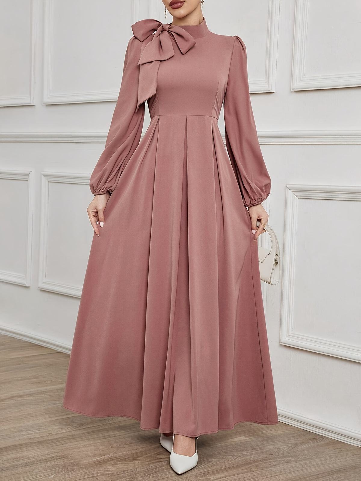 Retro Stand-Up Collar Puff Sleeve Midi Dress with Satin Bow Decoration, Slim Fit Trumpet Gown, Suitable for Banquets, Wedding Guests And Formal Dinners - Rose Brown