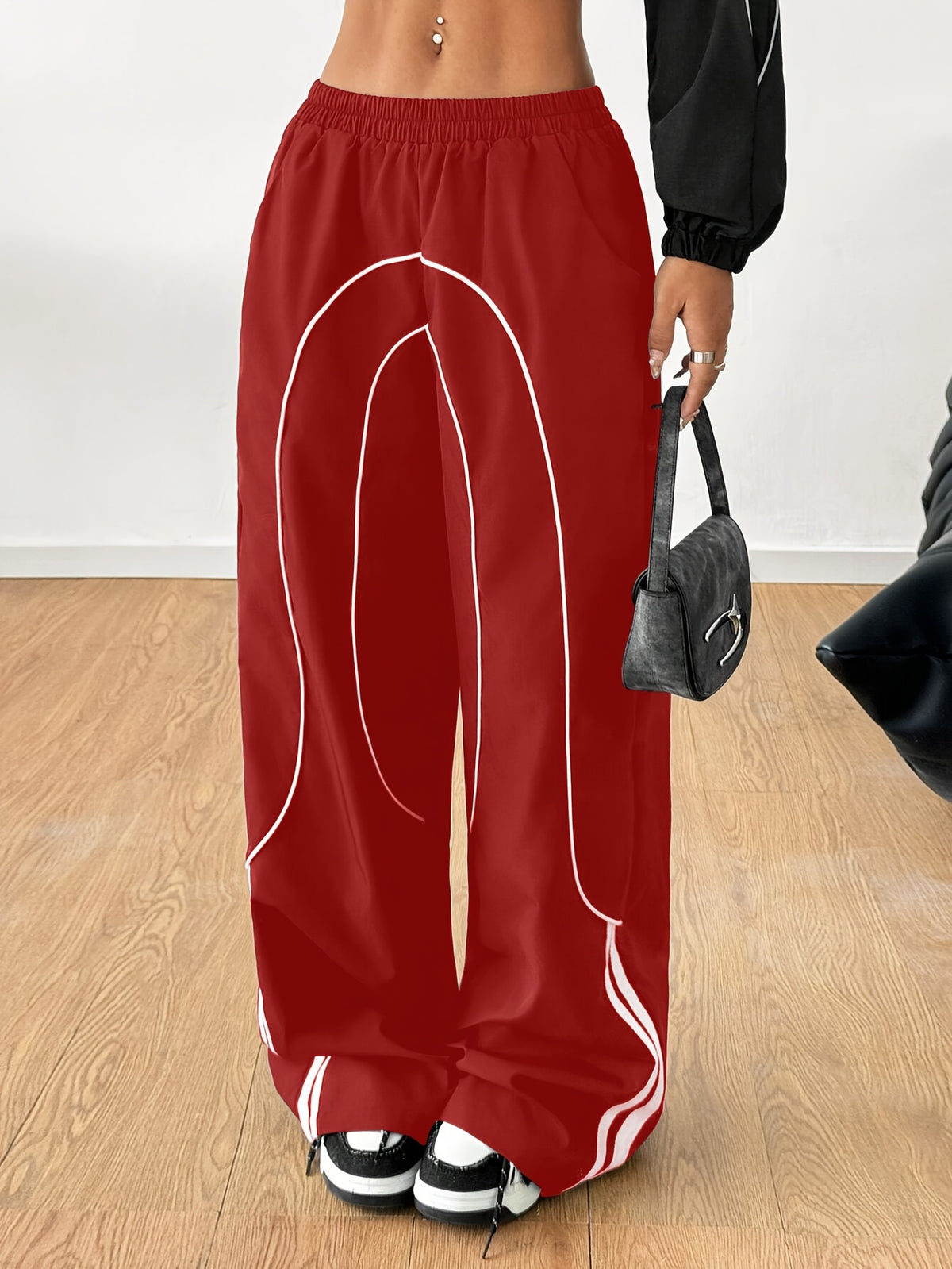 Women's Fashion Y2K Streetwear Wide-Leg Pants with Side Tie Design, Hip-Hop Joggers, Elastic Waist Wide-Leg Pants, Casual Swear, Harem Pants - Red