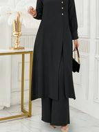 Ramadan, Women's Front-Button Long Sleeve Slit Dress & Pants Casual Arabic Style 2pcs Set, Only Clothes, Without Headscarf - Black